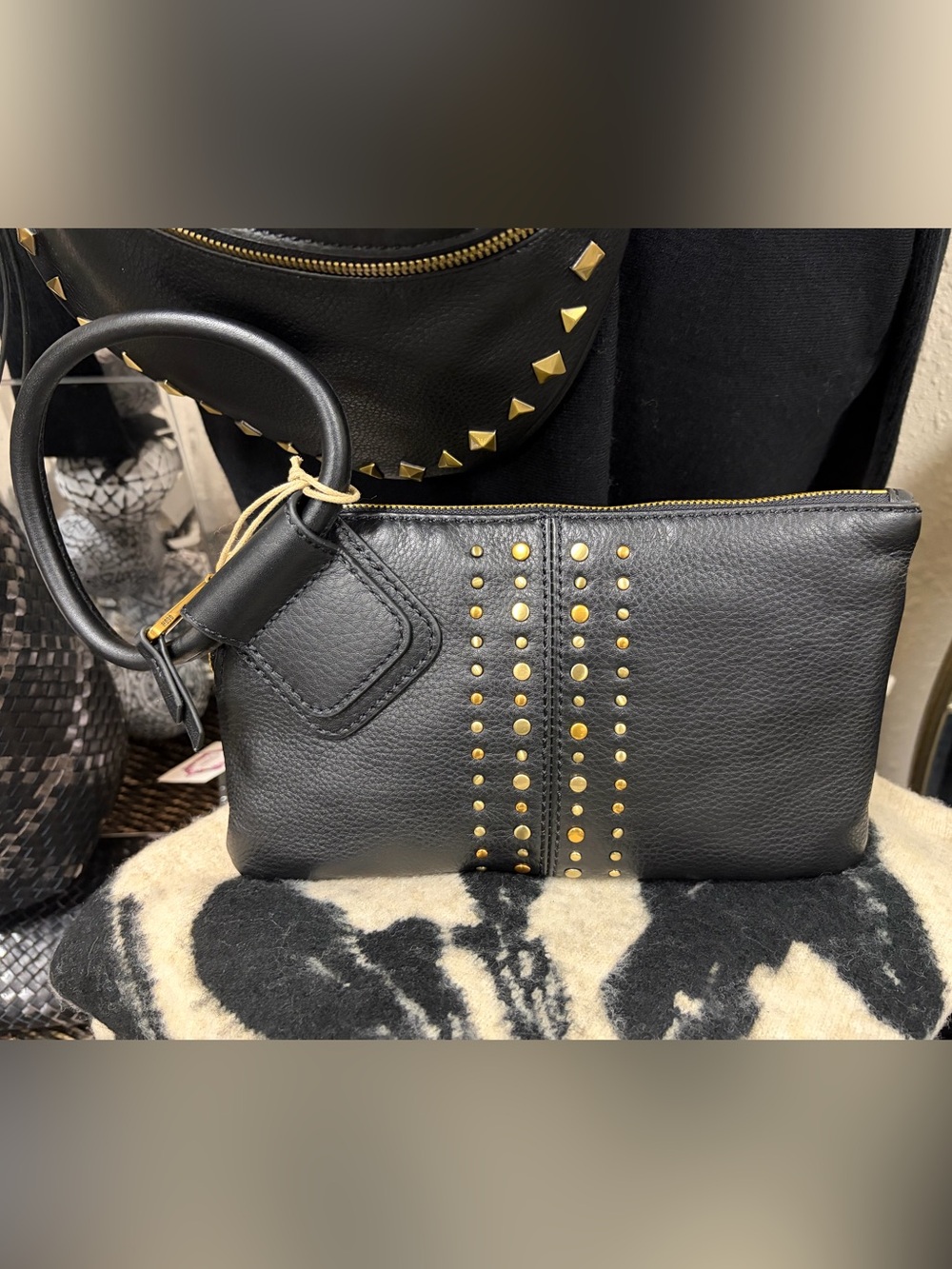HOBO Black Leather Wristlet with Gold Studs